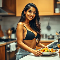 A beautiful Indian woman with a captivating smile, gracefully cooking in a kitchen