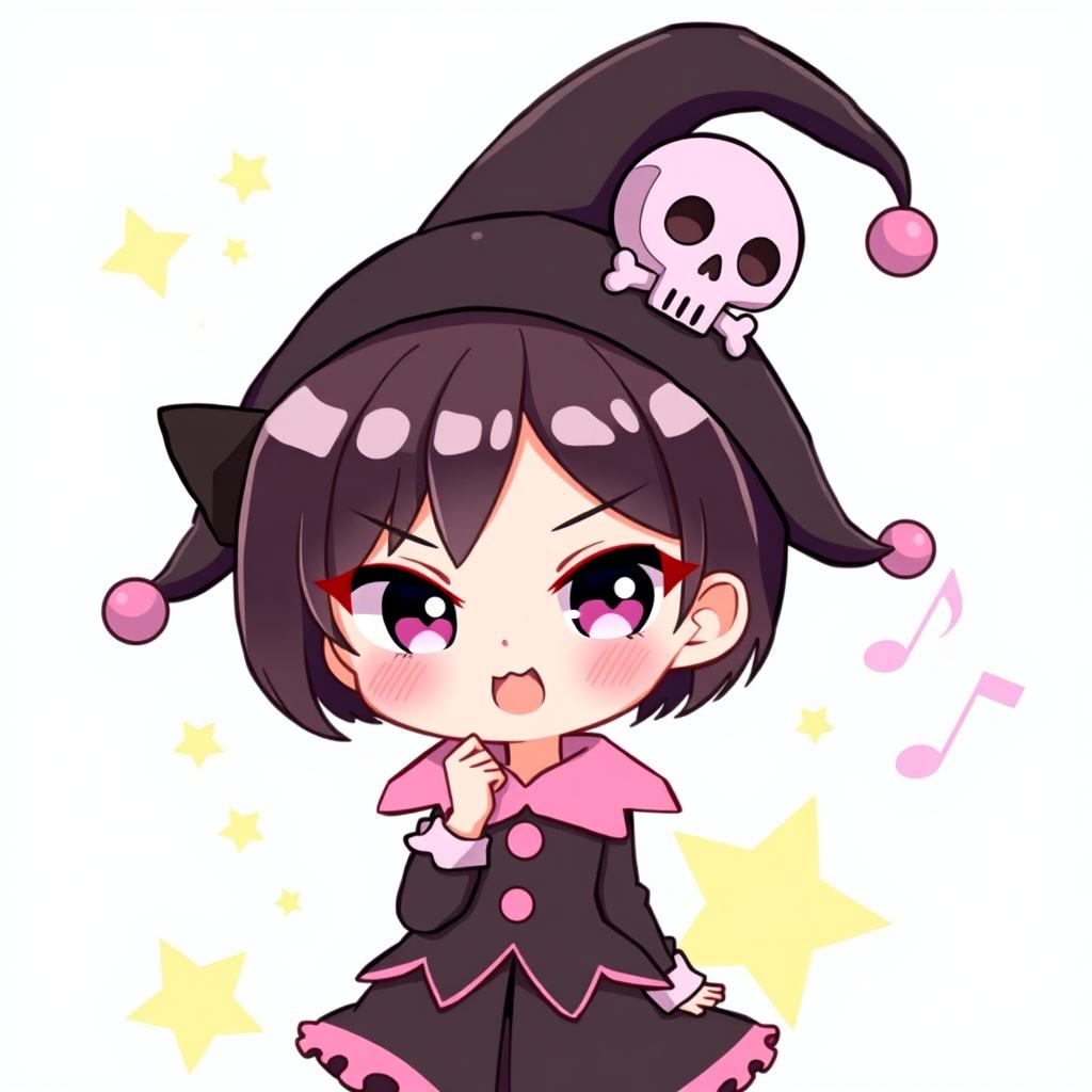 a cute depiction of the character Kuromi, showcasing her mischievous expression and black jester hat with a pink skull, dressed in her signature black and pink outfit, surrounded by whimsical and vibrant background elements like stars and music notes, emphasizing her playful and energetic personality