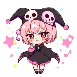 a cute depiction of the character Kuromi, showcasing her mischievous expression and black jester hat with a pink skull, dressed in her signature black and pink outfit, surrounded by whimsical and vibrant background elements like stars and music notes, emphasizing her playful and energetic personality