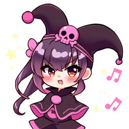 a cute depiction of the character Kuromi, showcasing her mischievous expression and black jester hat with a pink skull, dressed in her signature black and pink outfit, surrounded by whimsical and vibrant background elements like stars and music notes, emphasizing her playful and energetic personality