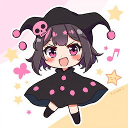 a cute depiction of the character Kuromi, showcasing her mischievous expression and black jester hat with a pink skull, dressed in her signature black and pink outfit, surrounded by whimsical and vibrant background elements like stars and music notes, emphasizing her playful and energetic personality