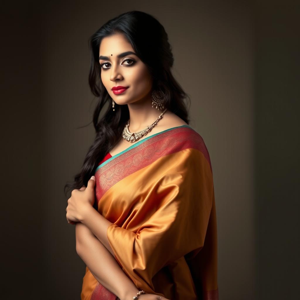 a realistic photograph of an Indian woman in a saree, showcasing her confidence and elegance