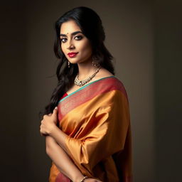 a realistic photograph of an Indian woman in a saree, showcasing her confidence and elegance