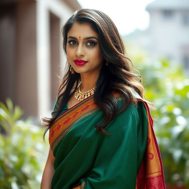 a realistic photograph of an Indian woman in a saree, showcasing her confidence and elegance