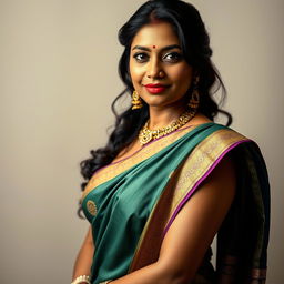 a realistic photograph of an Indian woman in a saree, showcasing her confidence and elegance