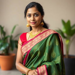 a realistic photograph of an Indian woman in a saree, showcasing her confidence and elegance