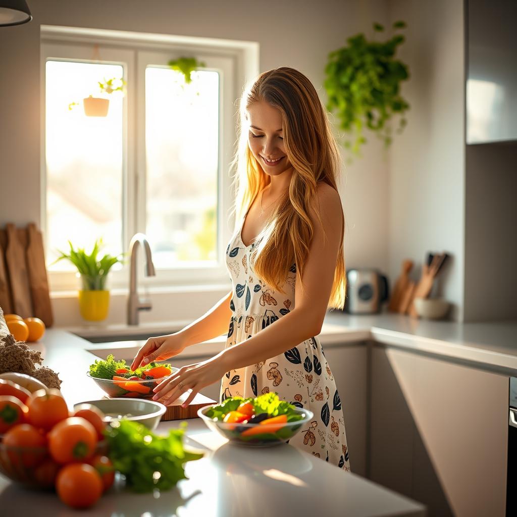 An attractive American girl with long hair is cooking in a modern kitchen