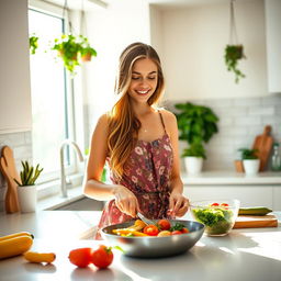 An attractive American girl with long hair is cooking in a modern kitchen