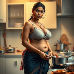 A realistic and detailed depiction of an Indian woman with a voluptuous figure, emphasizing her large breasts and curvaceous hips, wearing a bra while cooking in a modern kitchen setting