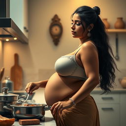 A realistic and detailed depiction of an Indian woman with a voluptuous figure, emphasizing her large breasts and curvaceous hips, wearing a bra while cooking in a modern kitchen setting