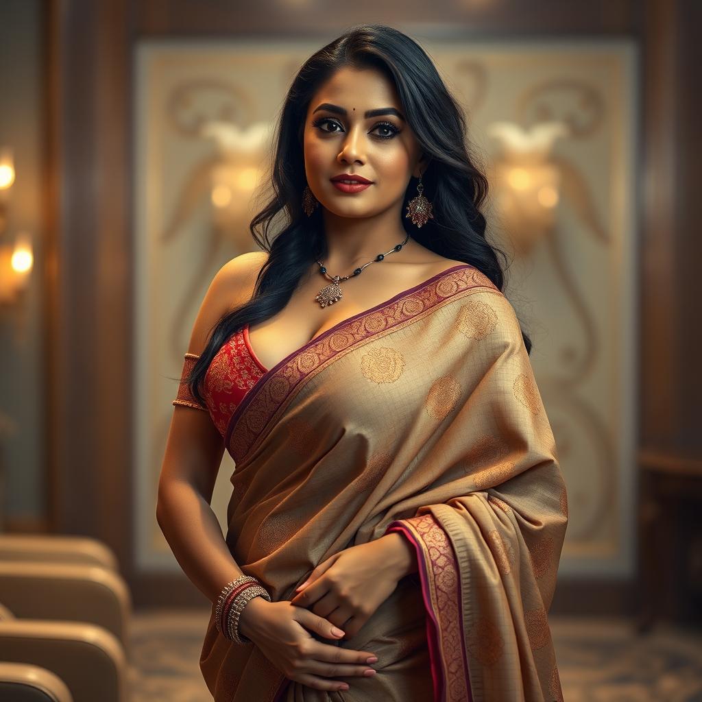 A cinematic photo shoot of a stunning Indian girl with a sexy, short cut bra and a beautiful, traditional saree