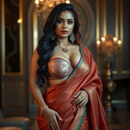 A cinematic photo shoot of a stunning Indian girl with a sexy, short cut bra and a beautiful, traditional saree