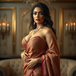 A cinematic photo shoot of a stunning Indian girl with a sexy, short cut bra and a beautiful, traditional saree