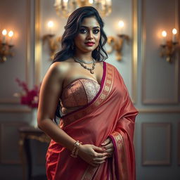 A cinematic photo shoot of a stunning Indian girl with a sexy, short cut bra and a beautiful, traditional saree