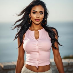 A confident woman standing outdoors with a beautiful seascape in the background