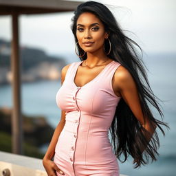 A confident woman standing outdoors with a beautiful seascape in the background