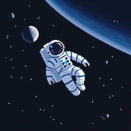 Pixel art of an astronaut floating in the vastness of space