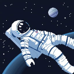 Pixel art of an astronaut floating in the vastness of space