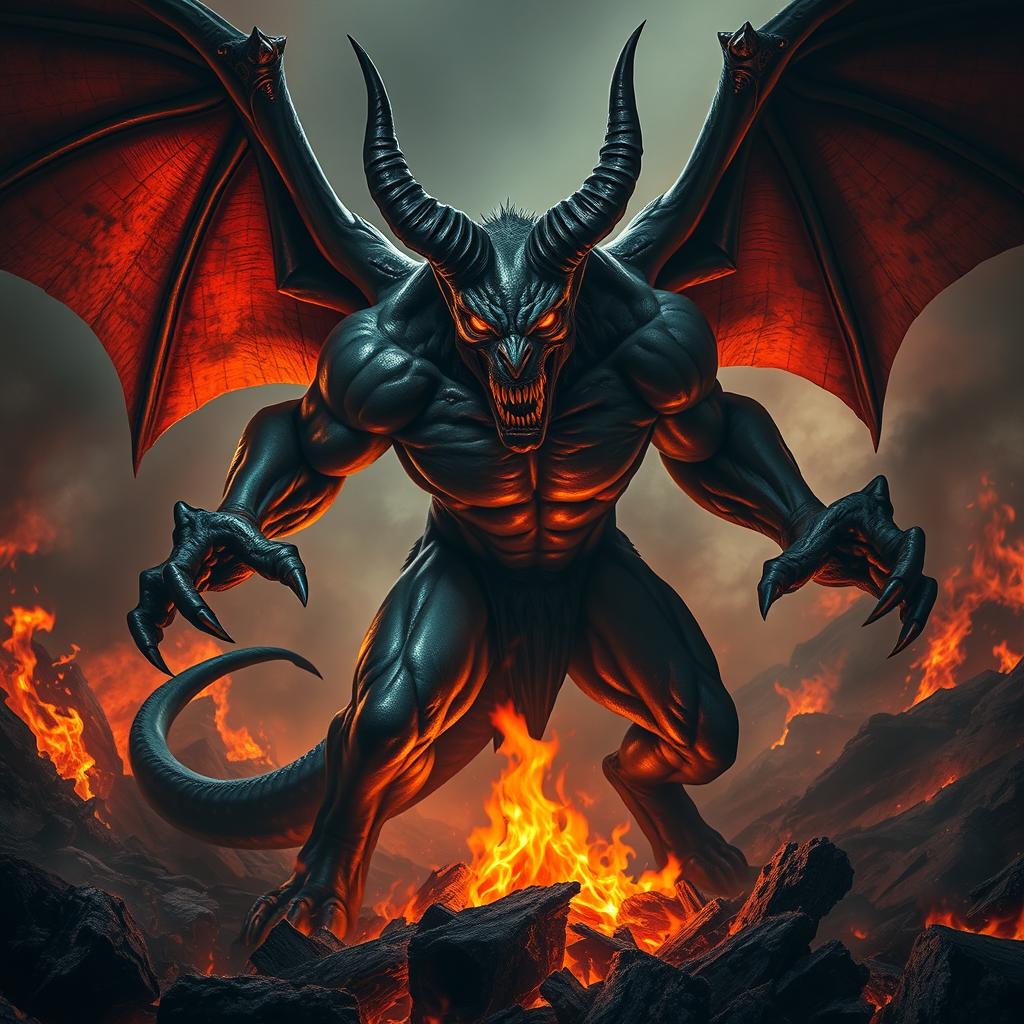 A fierce and furious demon with bloodlust in its glowing eyes, standing in a hellish, fiery landscape