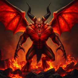 A fierce and furious demon with bloodlust in its glowing eyes, standing in a hellish, fiery landscape