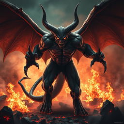 A fierce and furious demon with bloodlust in its glowing eyes, standing in a hellish, fiery landscape