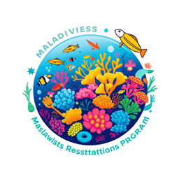 Logo design for Maldives Coral Restoration Program featuring vibrant illustrations of diverse corals and sea life, including colorful fish and playful turtles