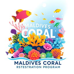 Logo design for Maldives Coral Restoration Program featuring vibrant illustrations of diverse corals and sea life, including colorful fish and playful turtles