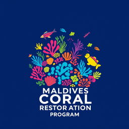 Logo design for Maldives Coral Restoration Program featuring vibrant illustrations of diverse corals and sea life, including colorful fish and playful turtles