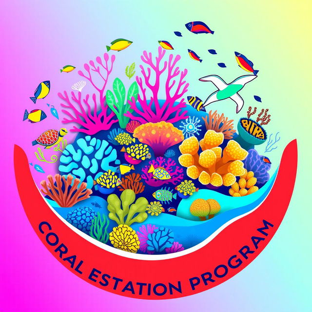 Logo design for Maldives Coral Restoration Program featuring vibrant illustrations of diverse corals and sea life, including colorful fish and playful turtles