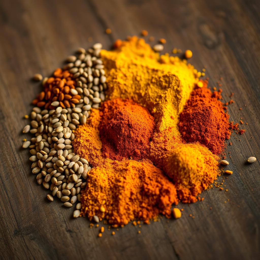 A vibrant and intricate close-up of tiny Indian spices meticulously arranged in a circular pattern on a rustic wooden table