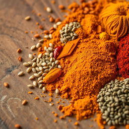 A vibrant and intricate close-up of tiny Indian spices meticulously arranged in a circular pattern on a rustic wooden table