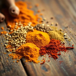 A vibrant and intricate close-up of tiny Indian spices meticulously arranged in a circular pattern on a rustic wooden table