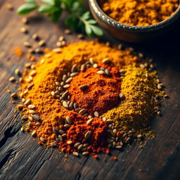 A vibrant and intricate close-up of tiny Indian spices meticulously arranged in a circular pattern on a rustic wooden table