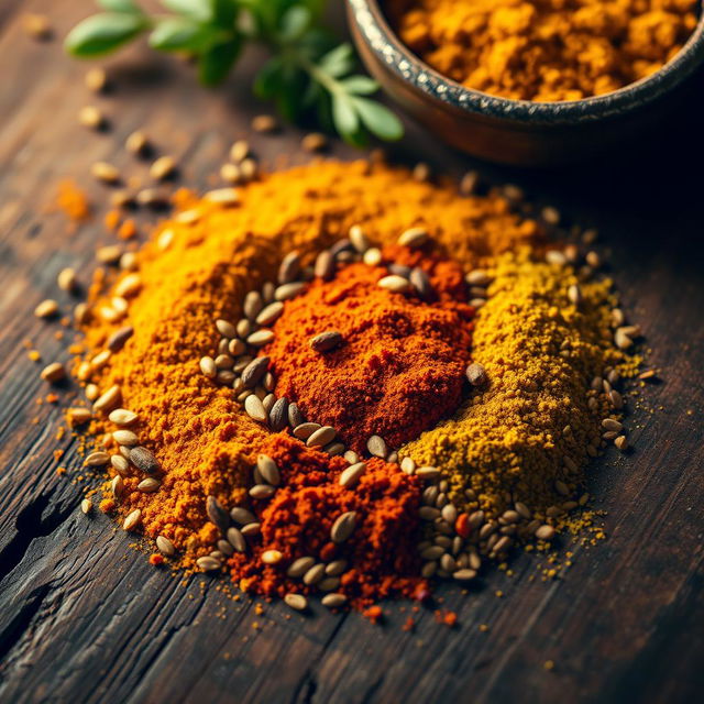 A vibrant and intricate close-up of tiny Indian spices meticulously arranged in a circular pattern on a rustic wooden table