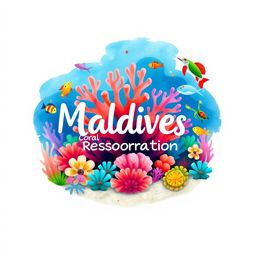 Logo for Maldives Coral Restoration Program with vibrant illustrations of corals and sea life like colorful fish and playful turtles