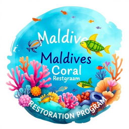 Logo for Maldives Coral Restoration Program with vibrant illustrations of corals and sea life like colorful fish and playful turtles