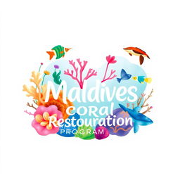 Logo for Maldives Coral Restoration Program with vibrant illustrations of corals and sea life like colorful fish and playful turtles