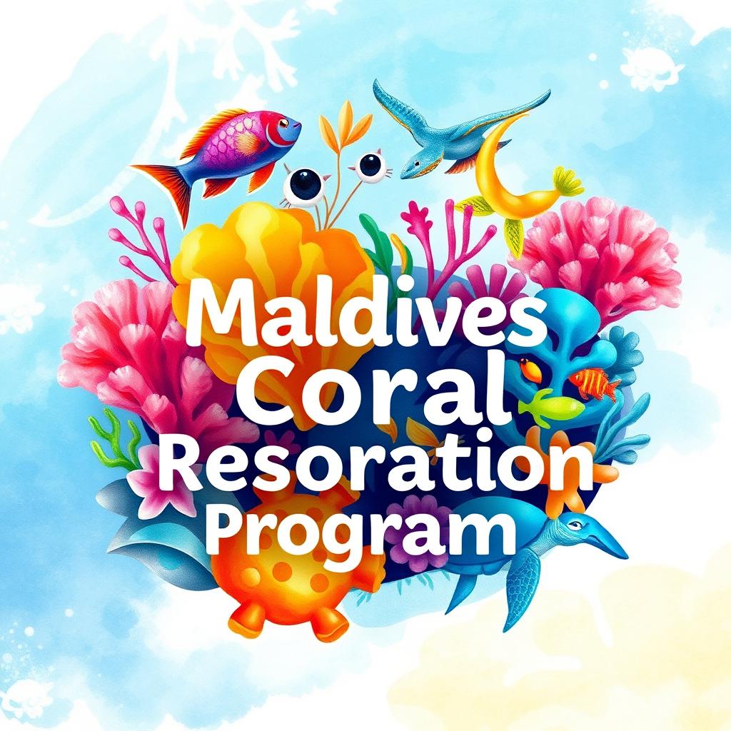 Logo for Maldives Coral Restoration Program with vibrant illustrations of corals and sea life like colorful fish and playful turtles