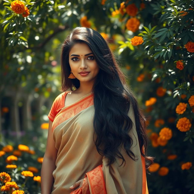 An alluring Marathi woman dressed in a traditional saree, standing gracefully in a lush garden adorned with marigold flowers