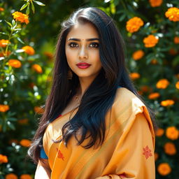 An alluring Marathi woman dressed in a traditional saree, standing gracefully in a lush garden adorned with marigold flowers