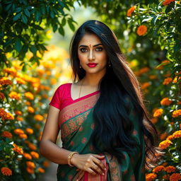 An alluring Marathi woman dressed in a traditional saree, standing gracefully in a lush garden adorned with marigold flowers