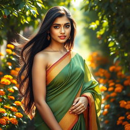 An alluring Marathi woman dressed in a traditional saree, standing gracefully in a lush garden adorned with marigold flowers