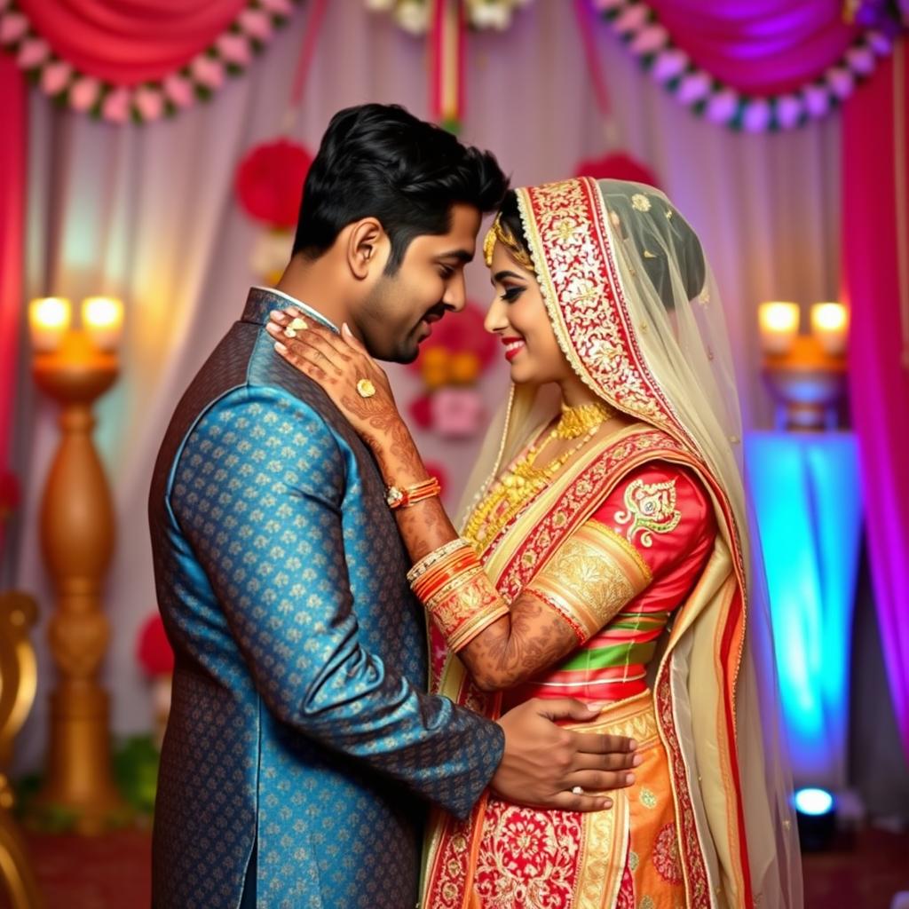 a romantic and intimate moment between a couple in a traditional Indian setting, featuring intricate and colorful traditional Indian attire, with henna designs on hands and feet, surrounded by vibrant decorations and soft ambient lighting