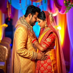 a romantic and intimate moment between a couple in a traditional Indian setting, featuring intricate and colorful traditional Indian attire, with henna designs on hands and feet, surrounded by vibrant decorations and soft ambient lighting