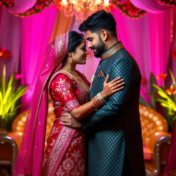 a romantic and intimate moment between a couple in a traditional Indian setting, featuring intricate and colorful traditional Indian attire, with henna designs on hands and feet, surrounded by vibrant decorations and soft ambient lighting