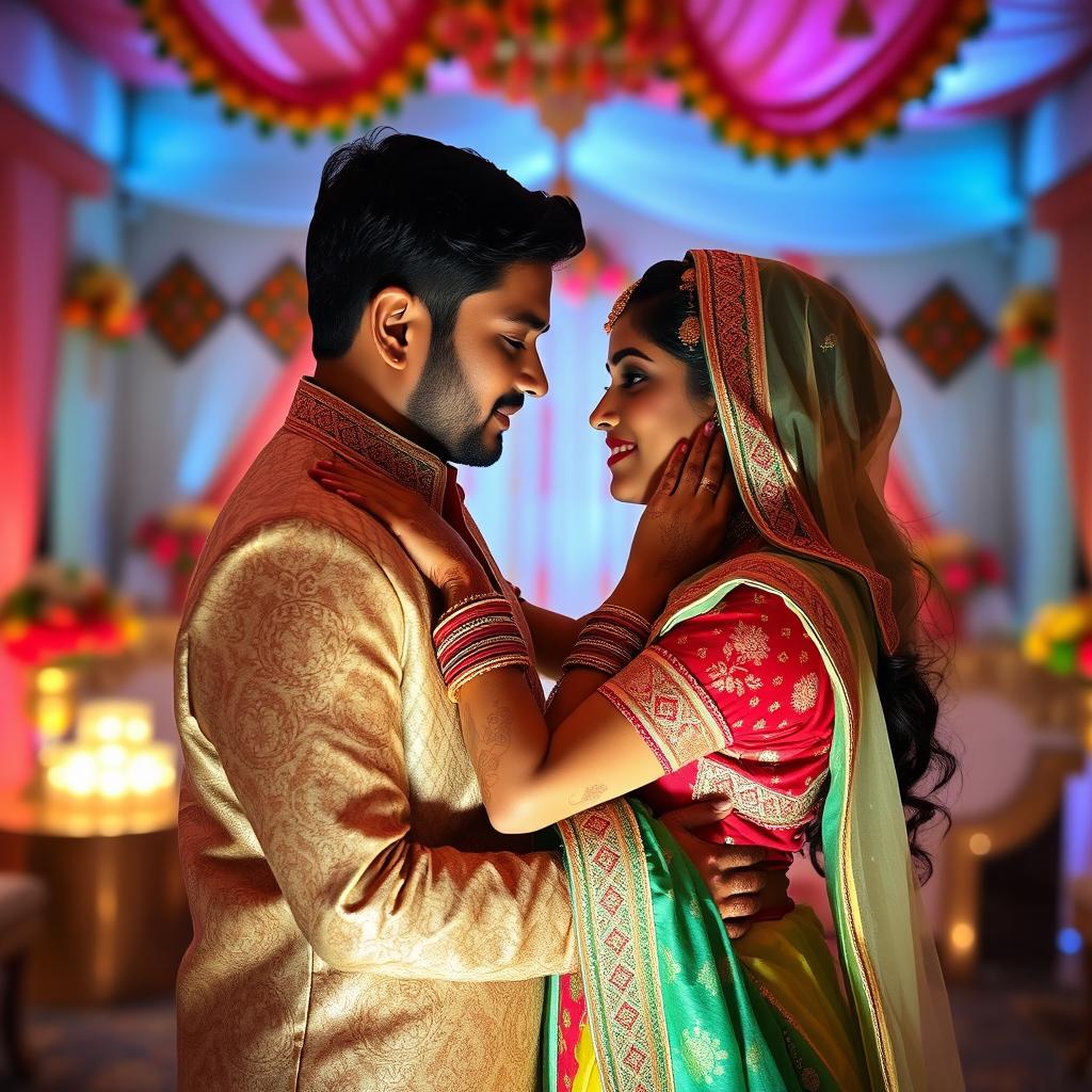 a romantic and intimate moment between a couple in a traditional Indian setting, featuring intricate and colorful traditional Indian attire, with henna designs on hands and feet, surrounded by vibrant decorations and soft ambient lighting