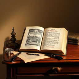 a beautifully composed still life featuring an antique copy of the book "Genesis 1 and 2: In Defense of the Local Creation" resting on an elegant vintage wooden desk under warm lighting