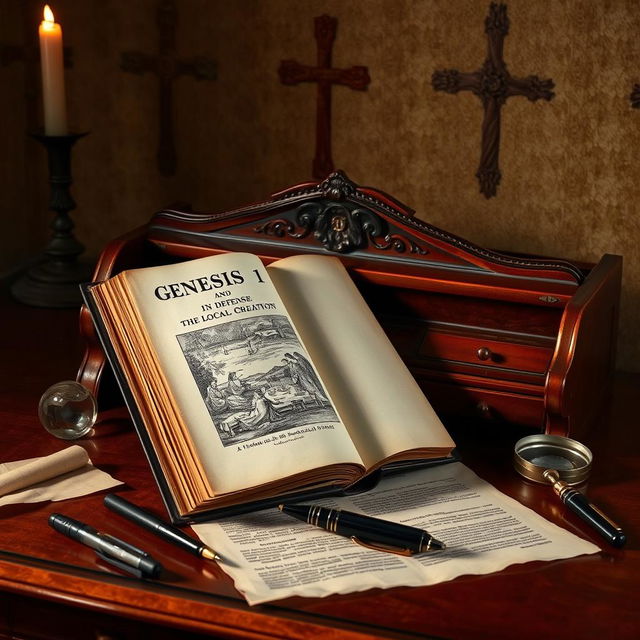 a beautifully composed still life featuring an antique copy of the book "Genesis 1 and 2: In Defense of the Local Creation" resting on an elegant vintage wooden desk under warm lighting