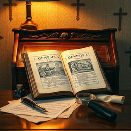 a beautifully composed still life featuring an antique copy of the book "Genesis 1 and 2: In Defense of the Local Creation" resting on an elegant vintage wooden desk under warm lighting