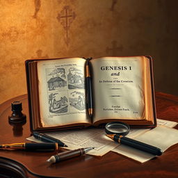 a beautifully composed still life featuring an antique copy of the book "Genesis 1 and 2: In Defense of the Local Creation" resting on an elegant vintage wooden desk under warm lighting